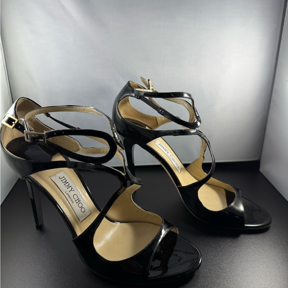Jimmy Choo Lance Black Patent Leather 4.25”Heels with Crisscross Straps